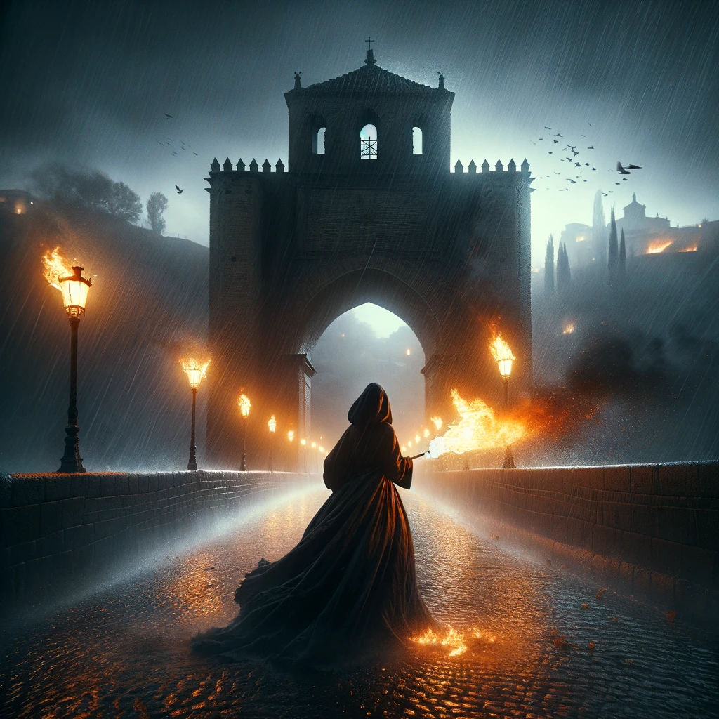 DALL·E 2024 03 13 12.05.08 Una noche tormentosa una mujer cubierta con un manto se acerca sigilosamente al Puente de San Martin en Toledo. Lleva en su mano una antorcha encendi