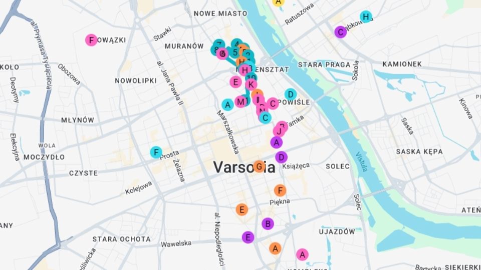 Self-guided tour in Warsaw 5 Mapa Varsovia EN